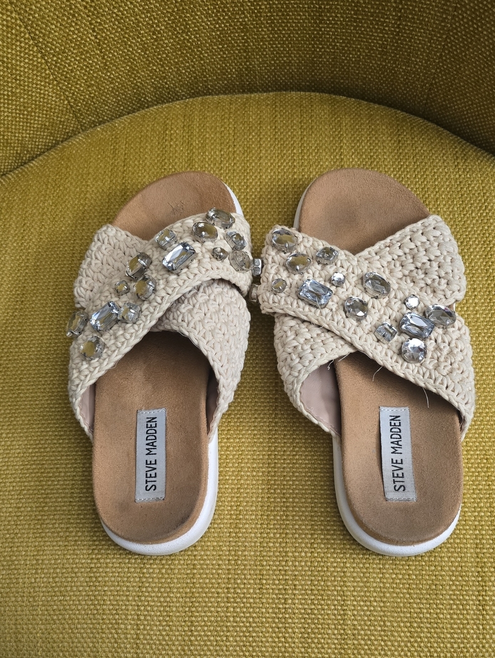Steve Madden Cream Jeweled Crochet Slide Sandals